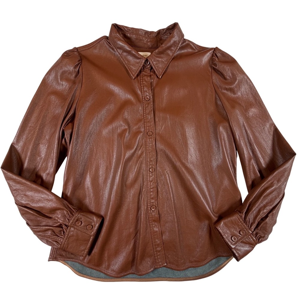 Wilfred Aritzia Ganna Vegan Leather Long Sleeve Button Shirt Brown Cognac Sz L